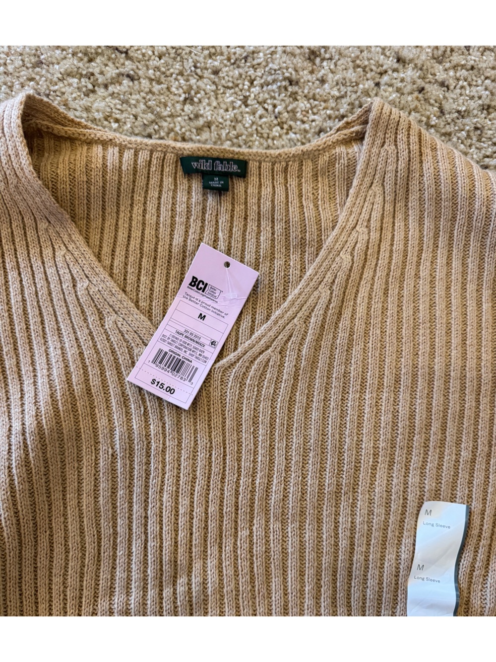 wild fable Ribbed V-Neck Long Sleeve Sweater in Beige - Picture 2 of 3